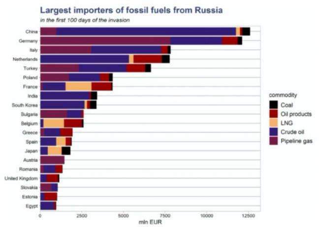 从俄罗斯进口化石燃料的各国进口量对比