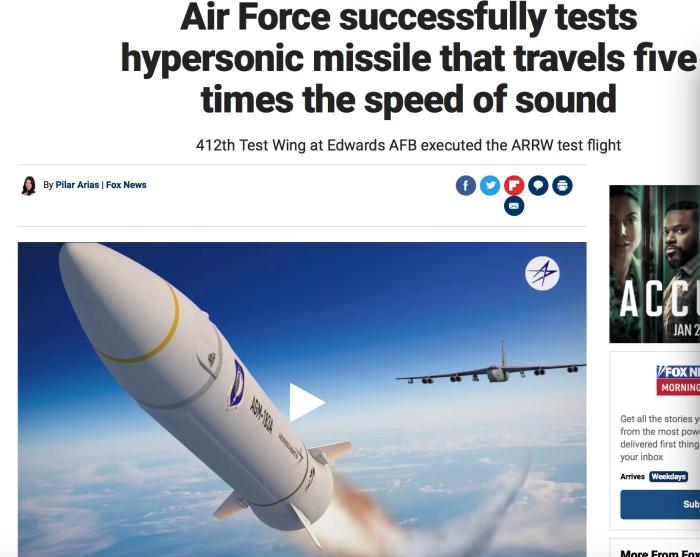 美军成功试射高超音速导弹 速度达声速五倍以上