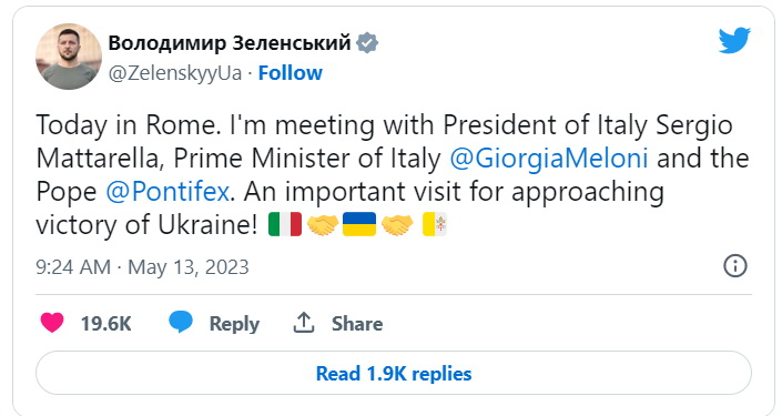 泽连斯基在抵达意大利不久后在推特上写道 这是为接近乌克兰胜利进行的重要访问 ...