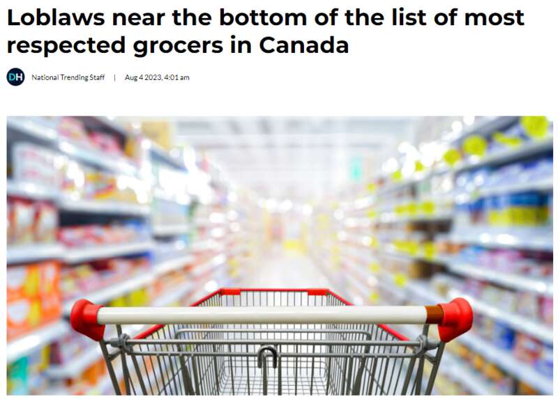 Loblaws在加拿大最受尊敬的杂货商中排名靠后