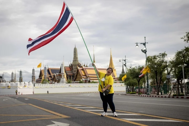 一名保皇党成员在曼谷大皇宫外挥舞泰国国旗