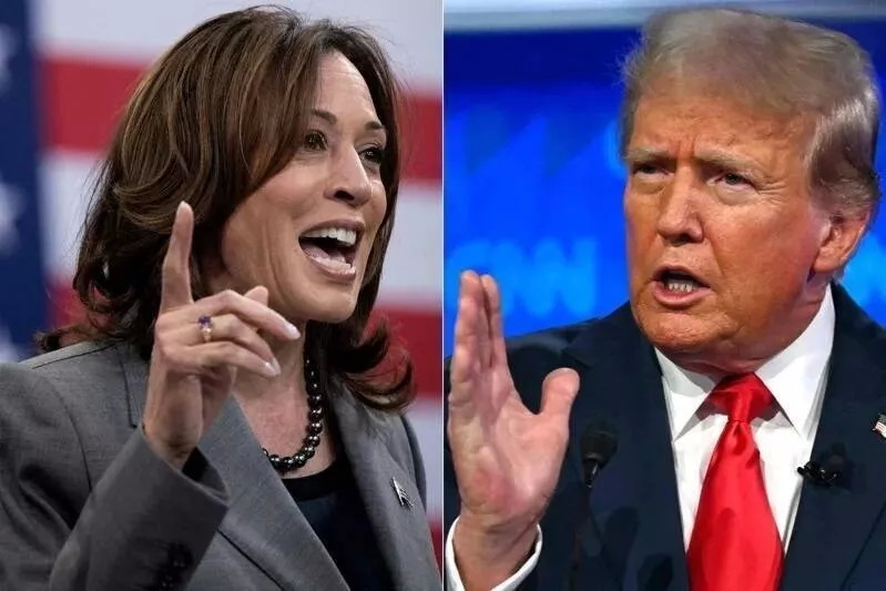 美国副总统、民主党总统候选人贺锦丽（左）和美国前总统、共和党总统候选人川普（右） ...