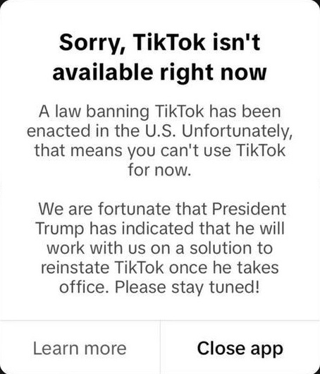 TikTok向美国用户推送信息称，“很抱歉，TikTok目前无法使用