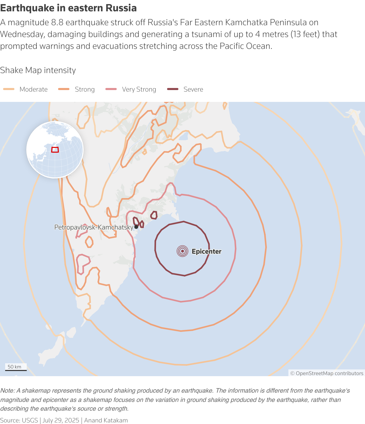 俄罗斯远东堪察加半岛发生8.8级地震等高线震动图