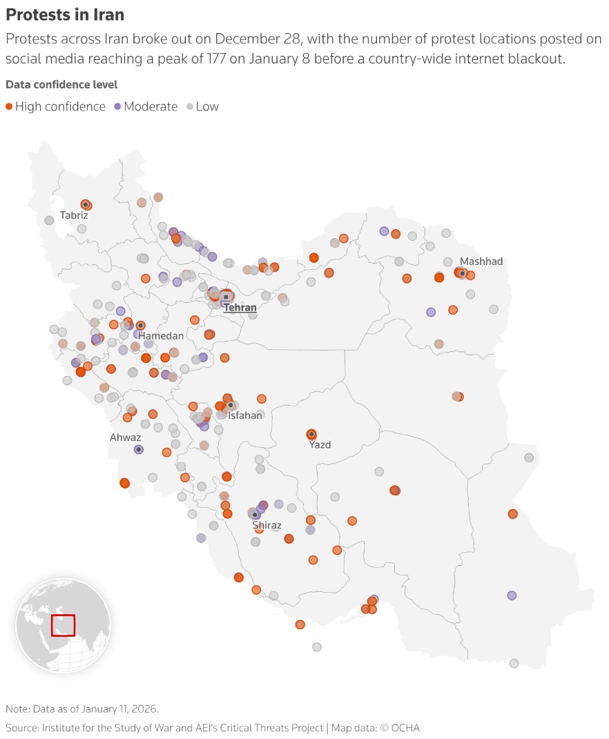 一张伊朗地图，显示了社交媒体上发布的抗议活动地点