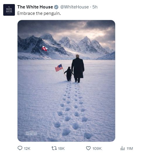 美国总统特朗普和手持美国国旗的企鹅行走在冰天雪地中，他们的前方插着丹麦自治领地格陵兰岛旗，并配文“拥 ...